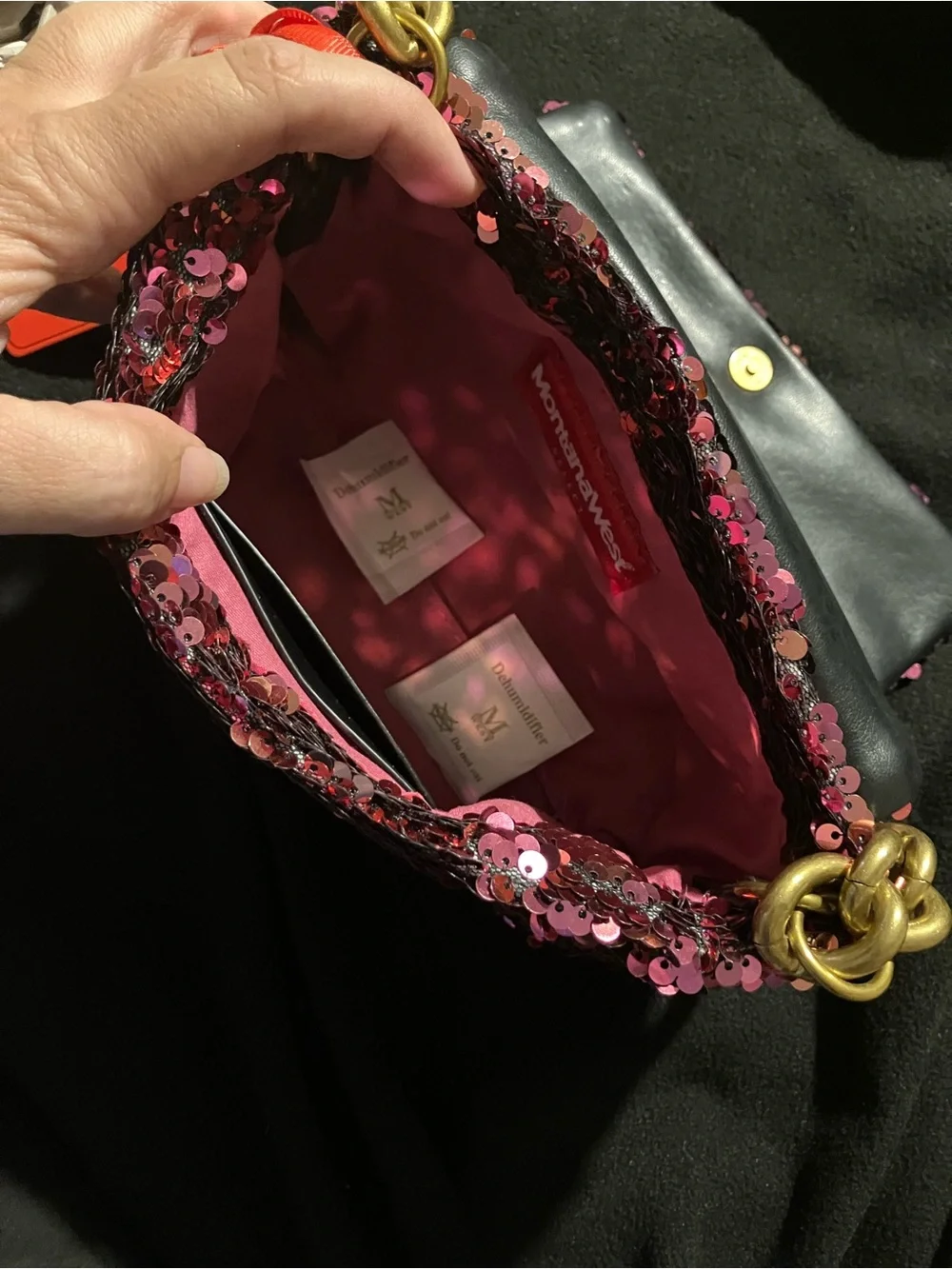 Montana West Sequin Evening Bag Hot Pink Gold Chunky Chain Crossbody NWT Luxury
